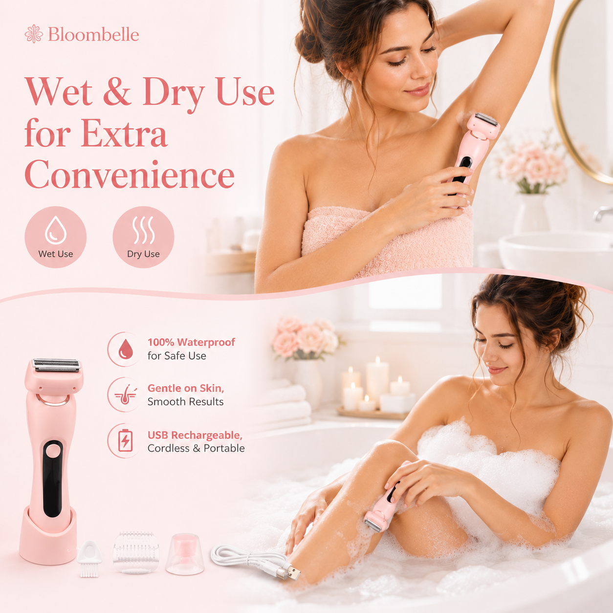 Bloombelle 3-in-1 Women’s Electric Shaver – Waterproof Bikini, Leg & Underarm Razor