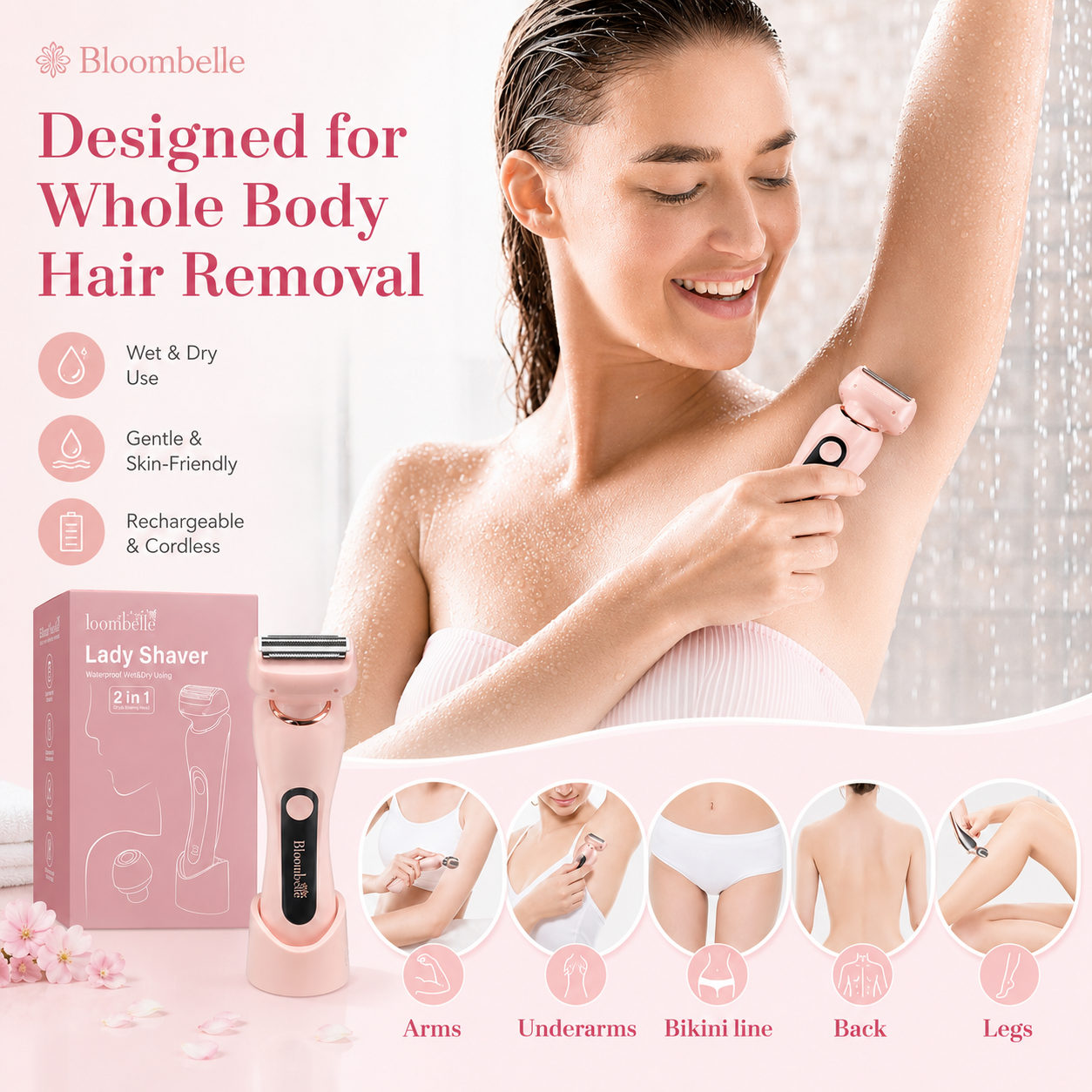 Bloombelle 3-in-1 Women’s Electric Shaver – Waterproof Bikini, Leg & Underarm Razor