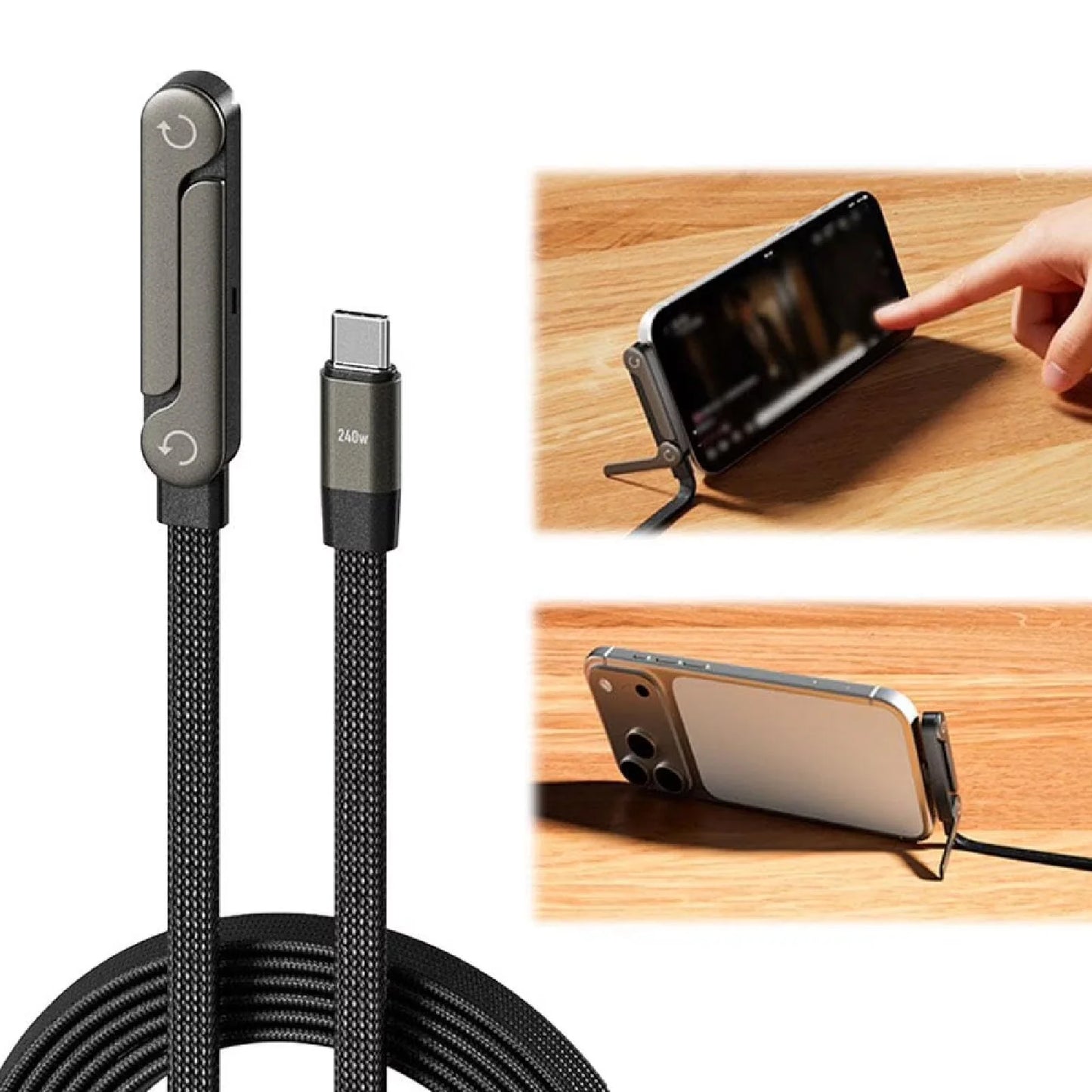 Invisible Stand Type-C Charger Cable, 240W Fast Charge 2-in-1 Cord & Phone Holder for Travel, Office, Car, Nightstand